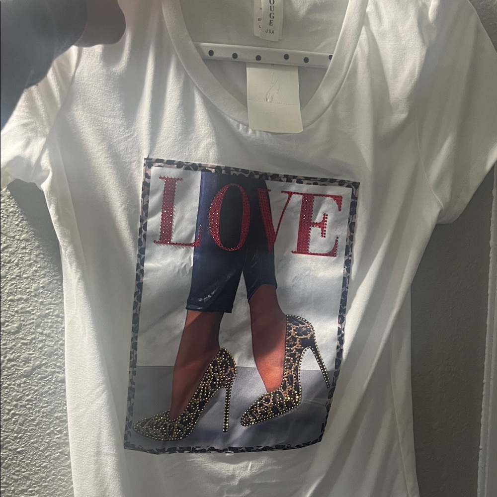 White T-Shirt with Love Graphic and Leopard Print Heels
